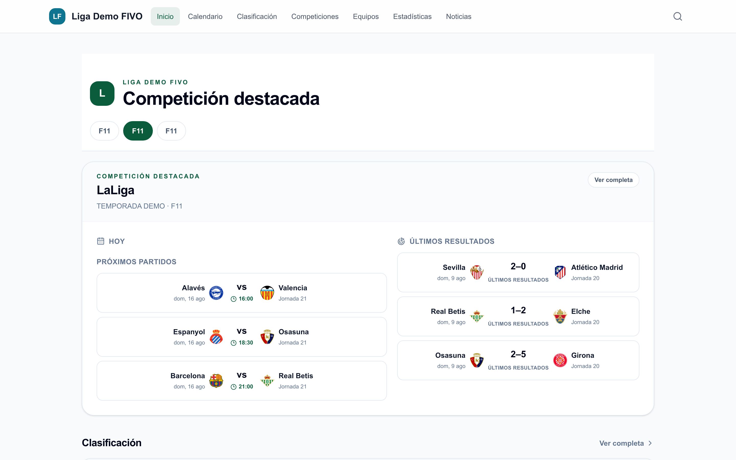Web pública de una liga gestionada con FIVO